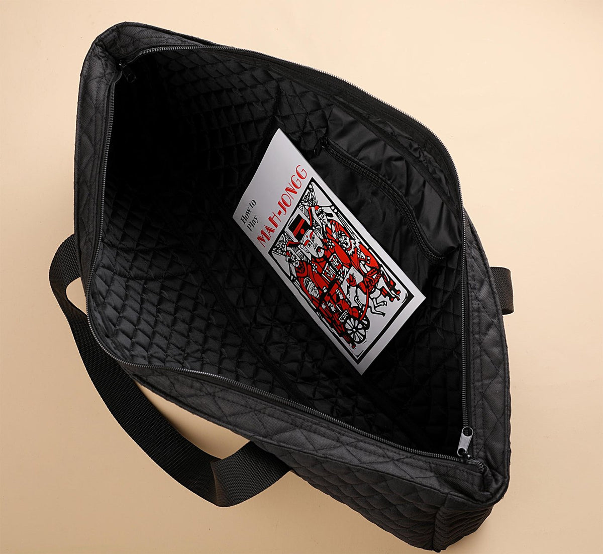 Inside the black bag with zip pocket and booklet