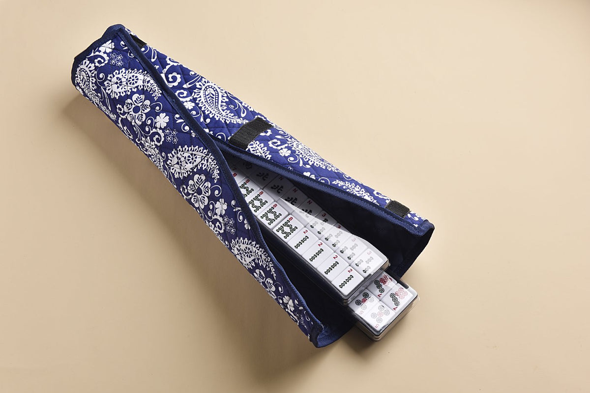 Blue paisley rack cover holding a rack of tiles