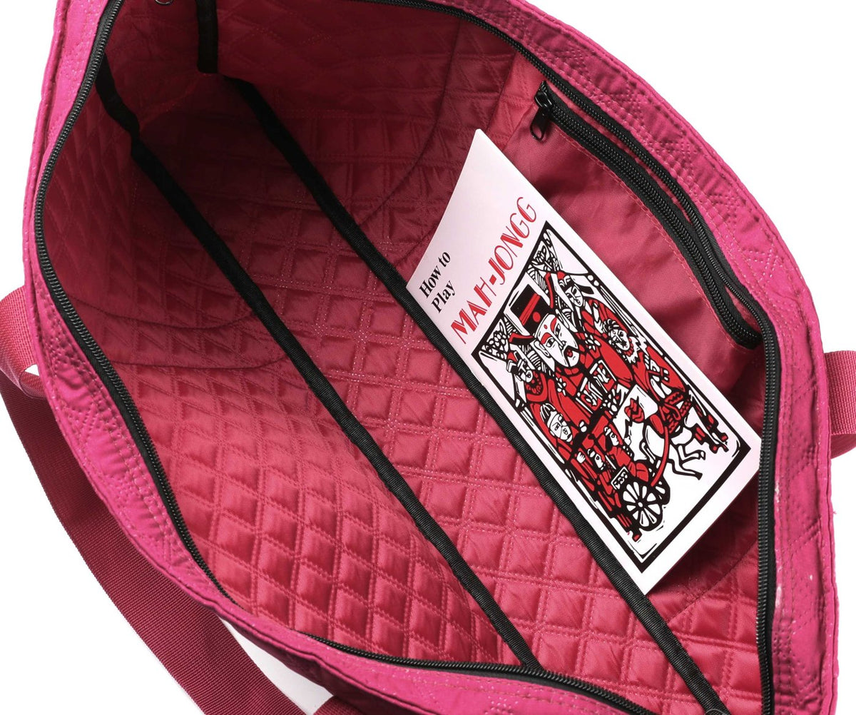 Inside the burgundy bag with zip pocket and booklet