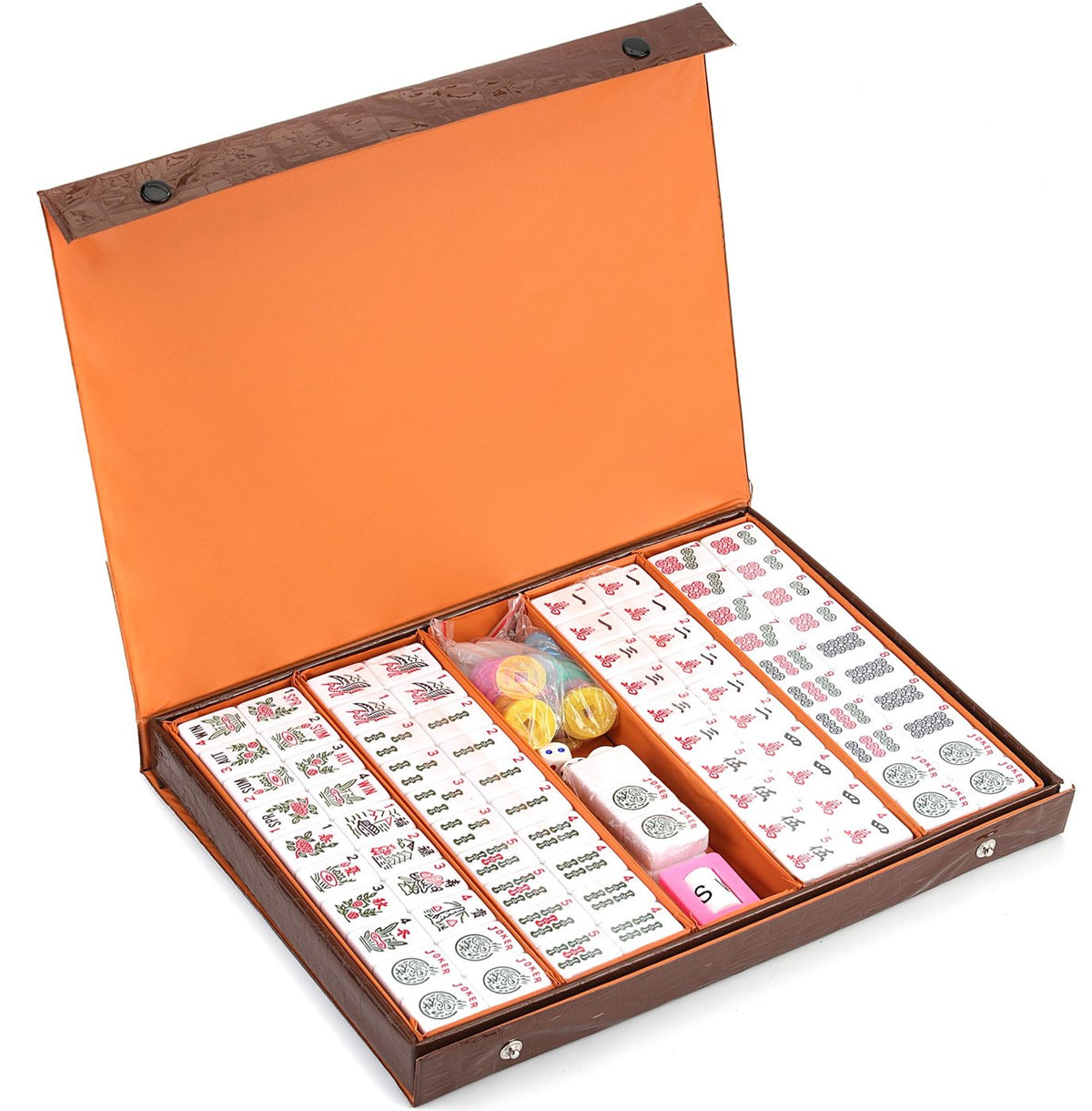 Open croc case with tiles organized in trays