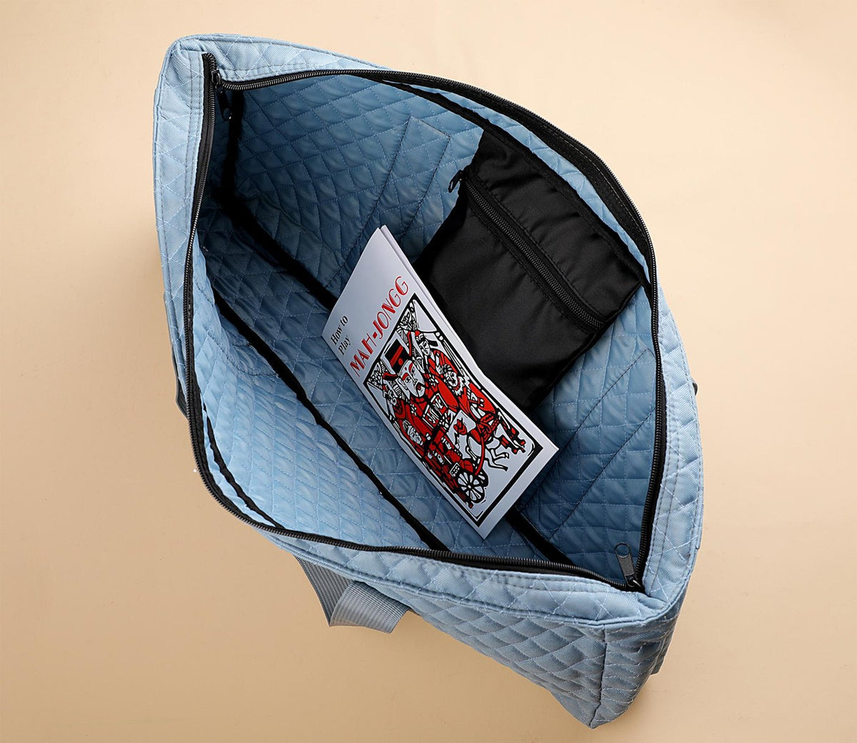 Inside the gray bag with zip pocket and booklet