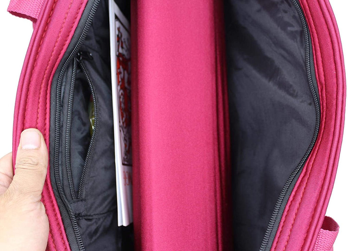 Inside the magenta bag with zip pocket and rack cover