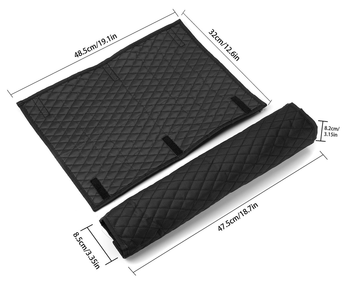 Two black padded wrappers, one laid flat and one rolled up, with sizes