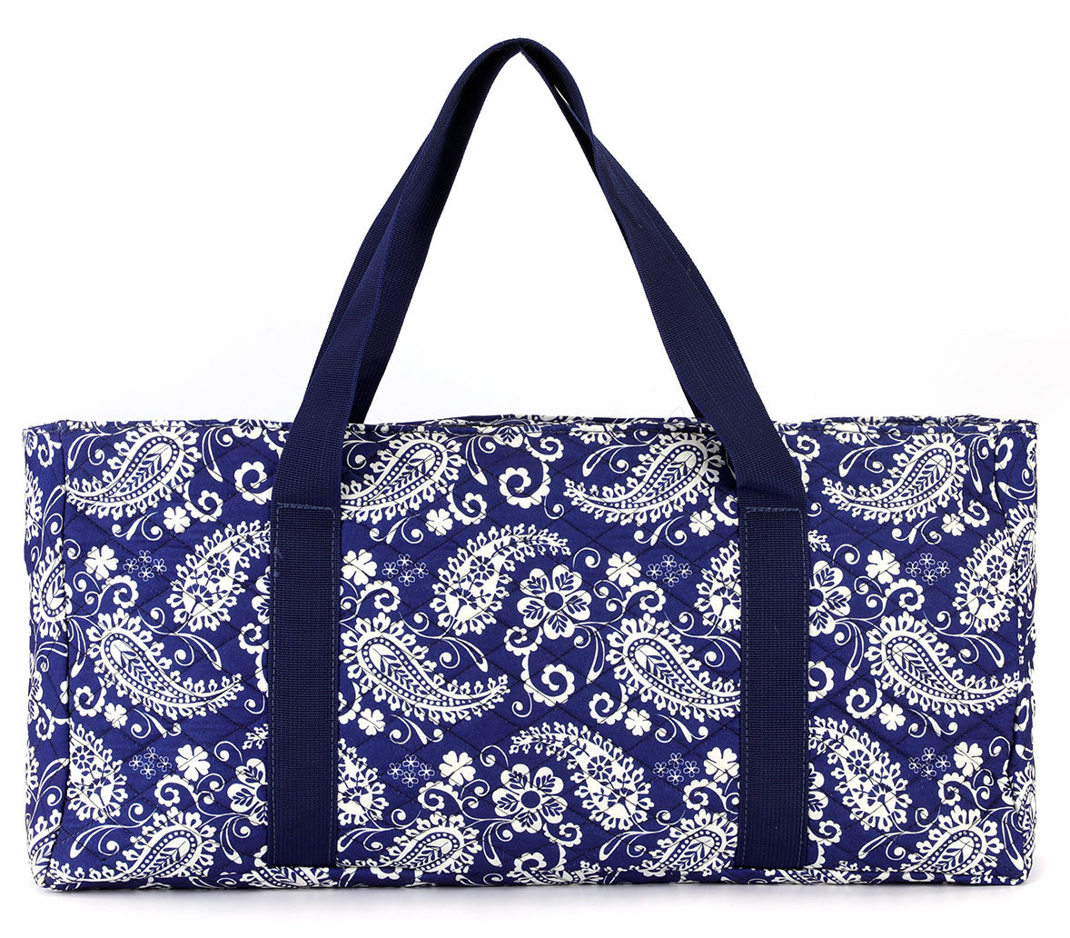 Navy paisley quilted mahjong bag, front view