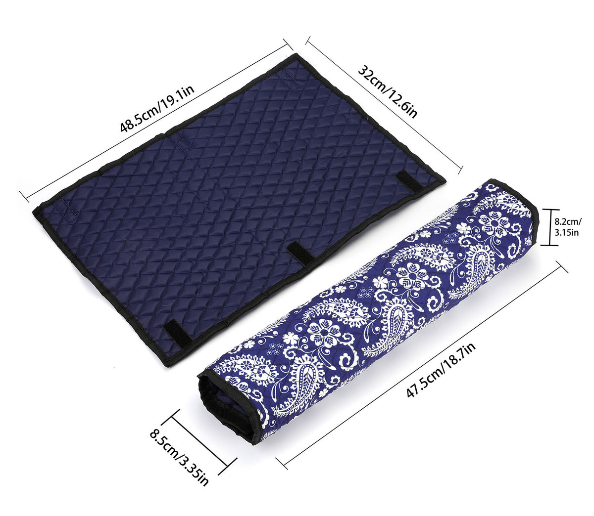 Two padded wrappers, one laid flat and one rolled up, with sizes