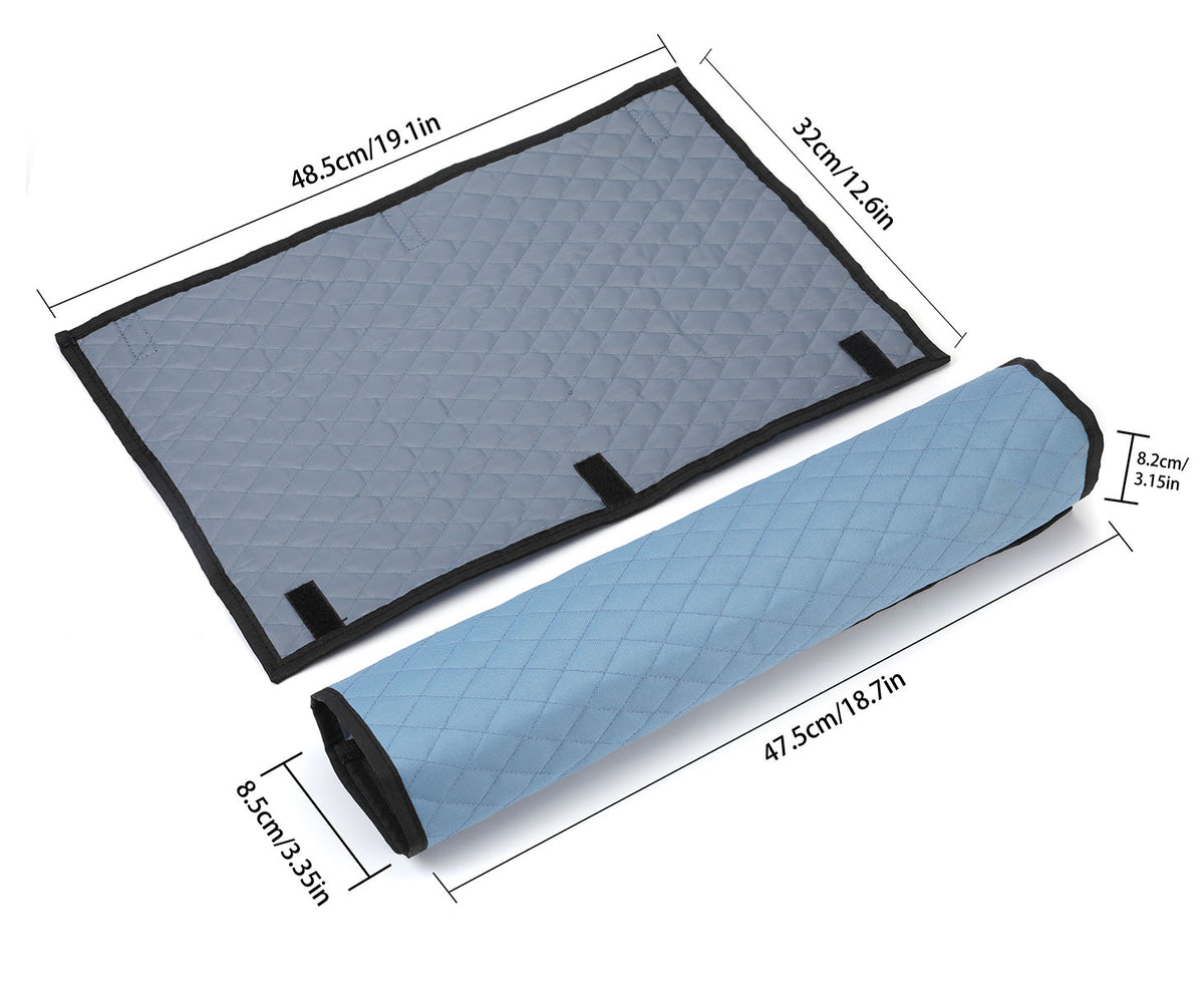 Two sky blue padded wrappers, one laid flat and one rolled up, with sizes