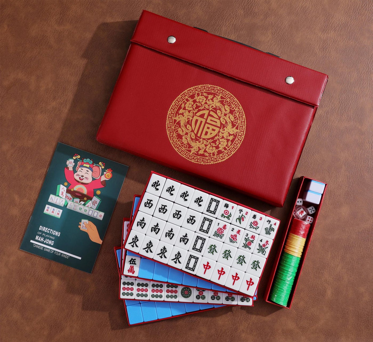 Chinese Mahjong Set — Red Fortune 34mm Blue Back