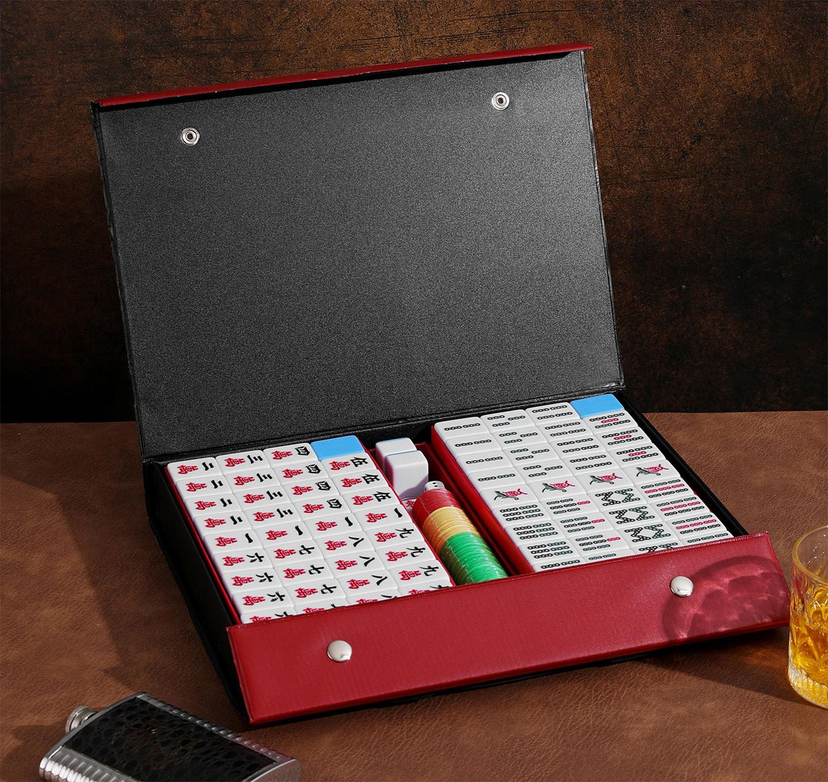 Chinese Mahjong Set — Red Fortune 34mm Blue Back