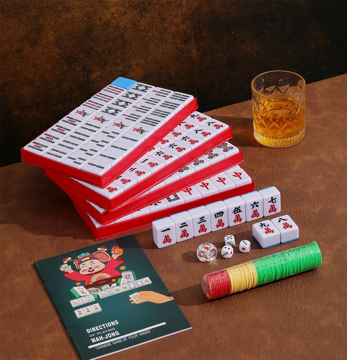 Chinese Mahjong Set — Red Fortune 34mm Blue Back