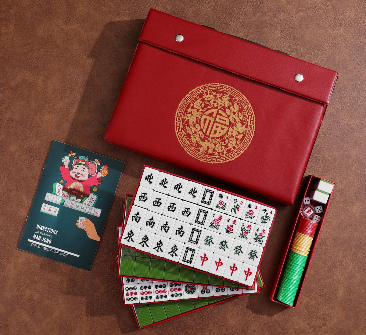 Chinese Mahjong Set — Red Fortune 34mm Green Back