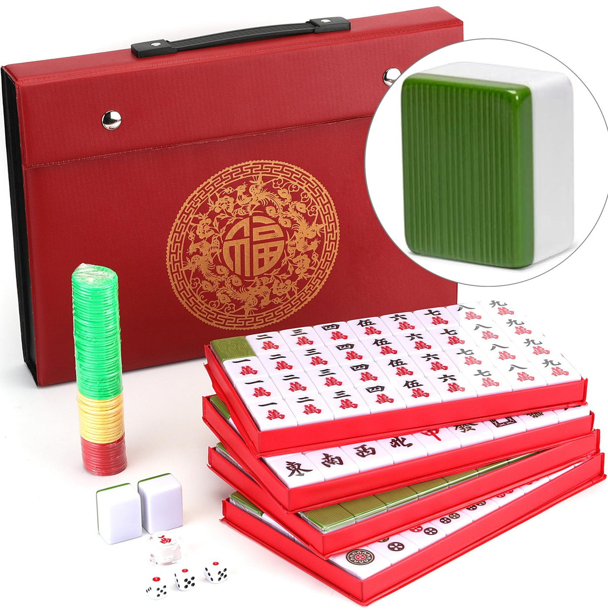 Chinese Mahjong Set — Red Fortune 34mm Green Back