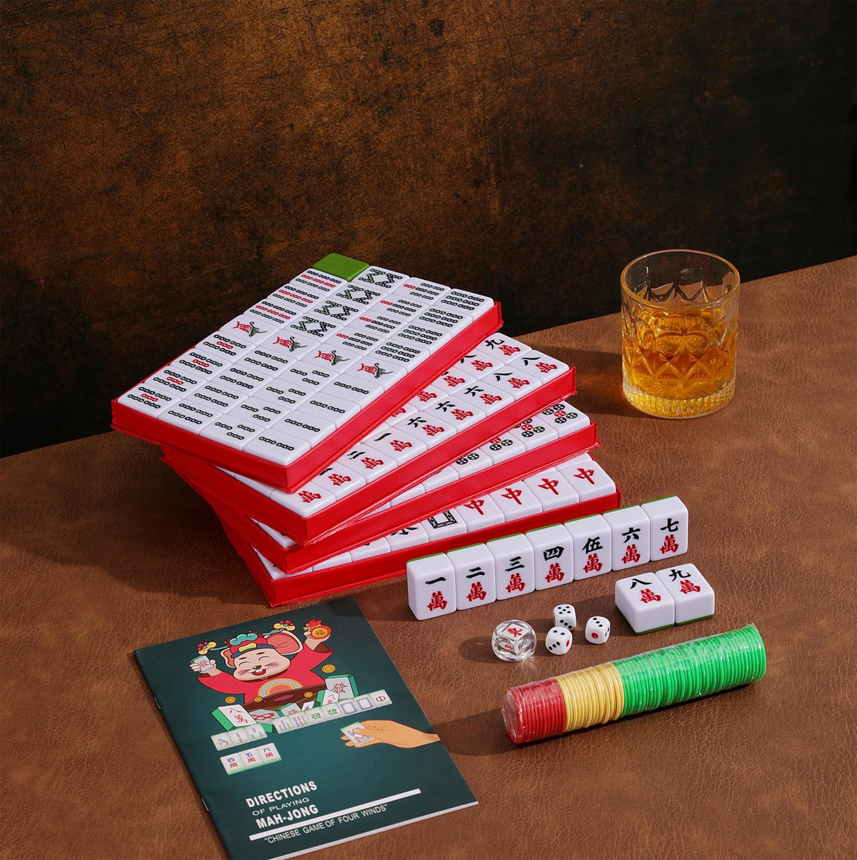Chinese Mahjong Set — Red Fortune 34mm Green Back