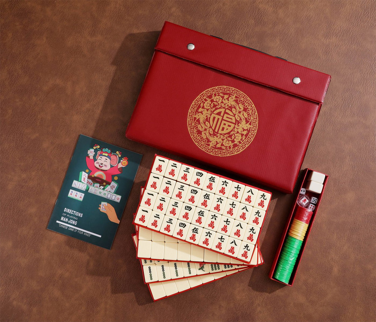 Chinese Mahjong Set — Red Fortune 34mm Ivory Tiles