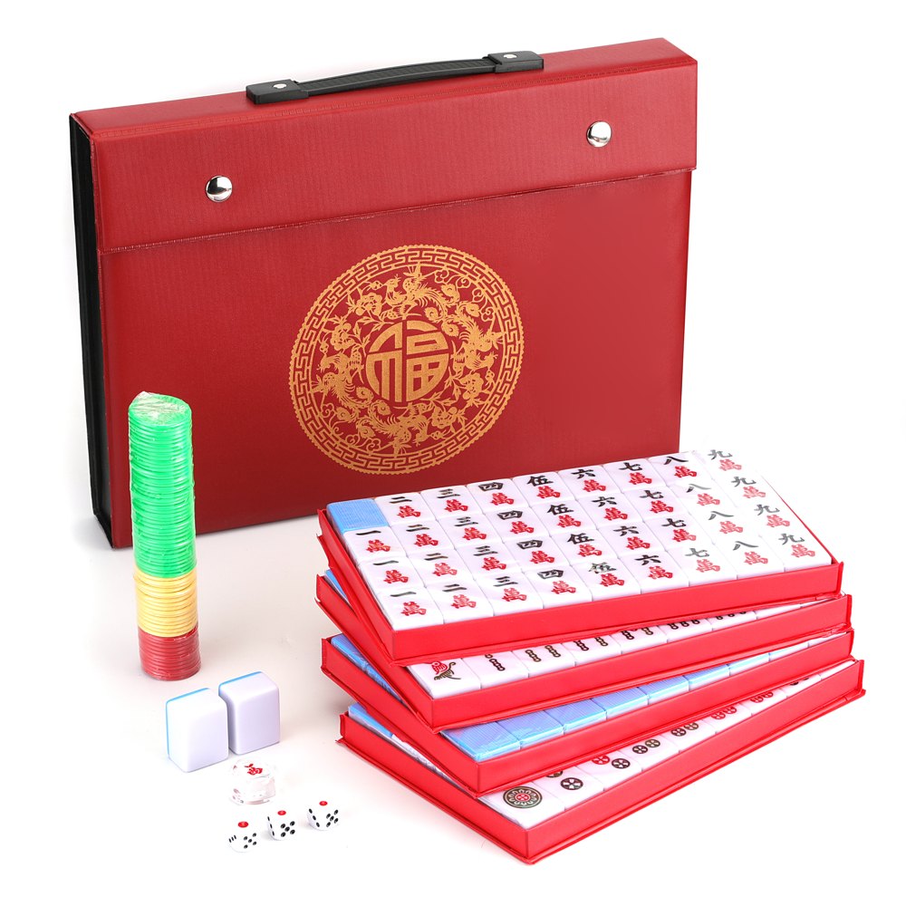 Chinese Mahjong Set — Red Fortune 34mm Blue Back