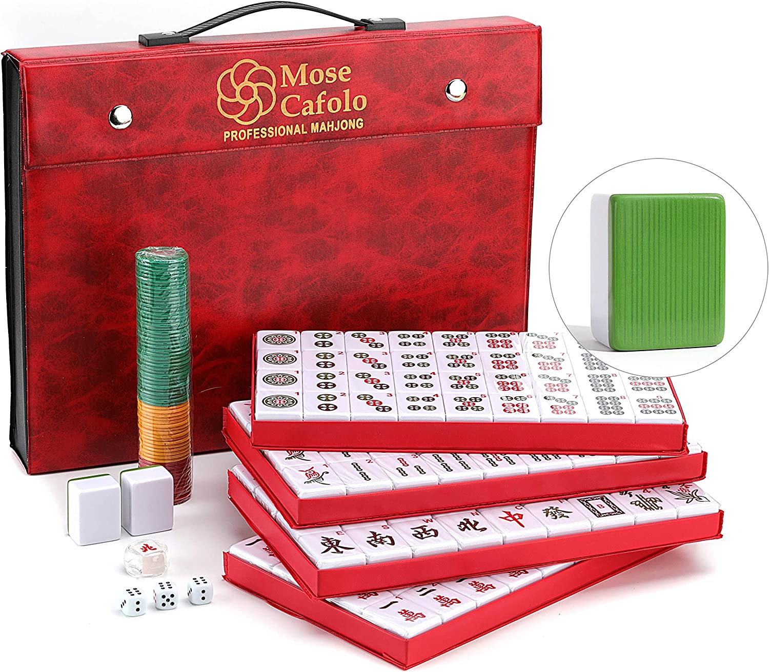 Chinese Mahjong Set X-Large 144 Ivory Color Tile 1.5 Tiles Mah-jongg with  Case