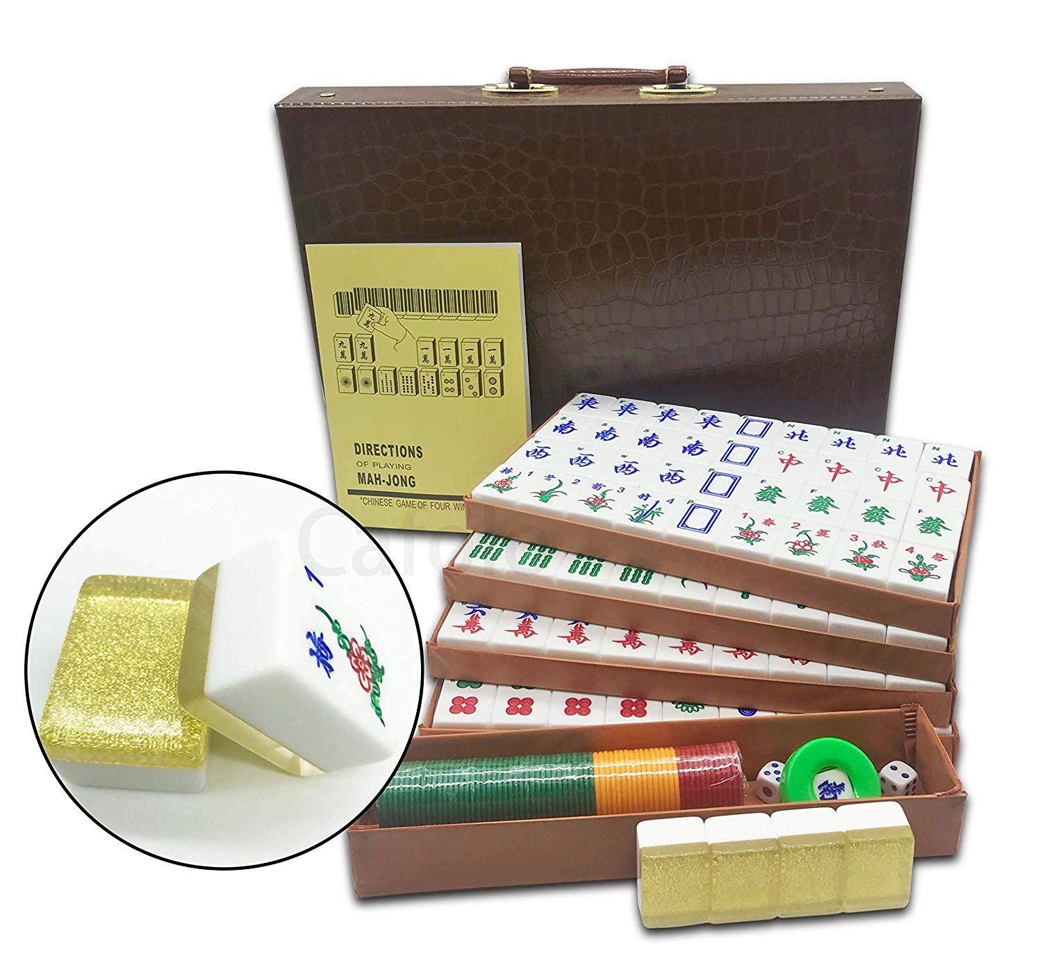 YINIUREN Chinese Mahjong Game Set 1.6-inch Mahjong Tile Set 144 Melamine Jade Mahjong Set