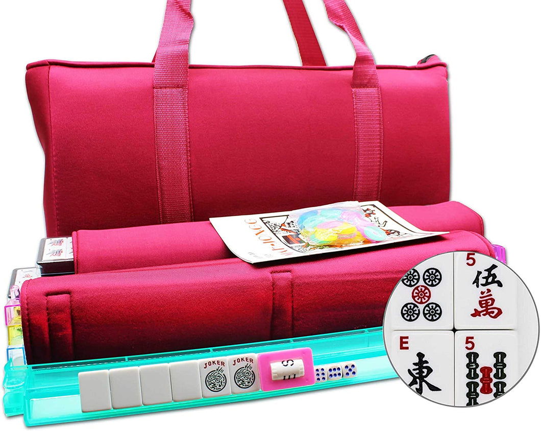 American Mahjong Set - Red Burgundy Soft Bag - 166 White Engraved Tiles, 4 All-in-One Rack/Pushers Western Mah Jongg Game Set